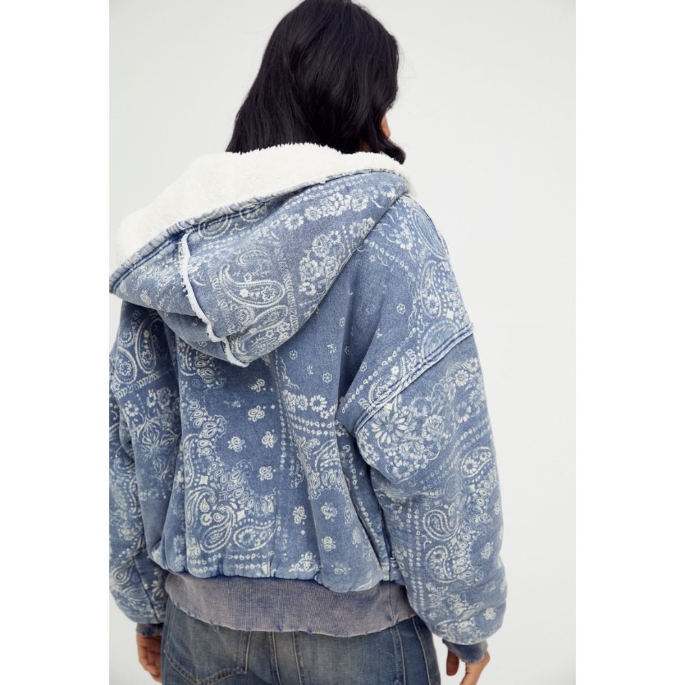 Free People Blue Paisley Sherpa Bomber Jacket - Picture 2 of 6